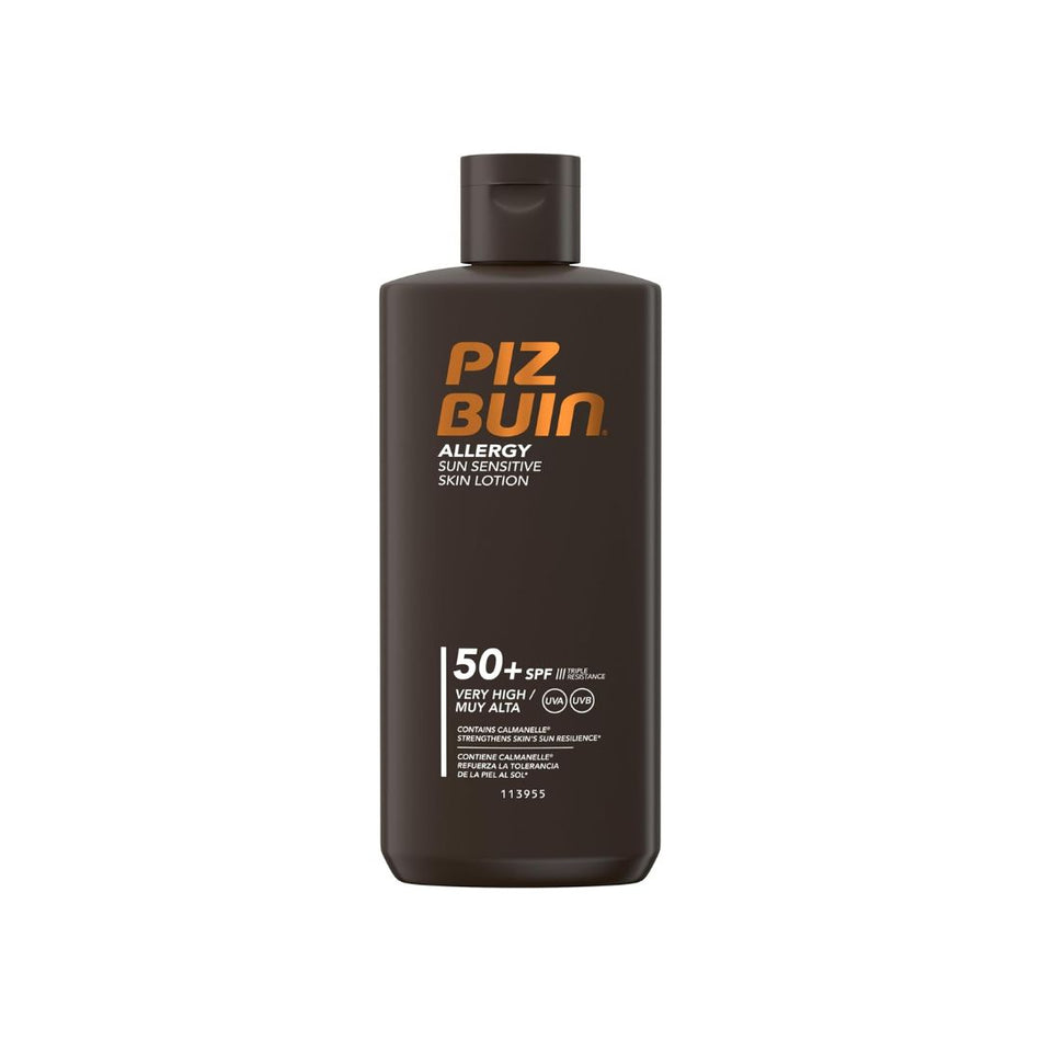 A dark brown bottle of Piz Buin Allergy Sun Protective Skin Lotion SPF 50+ with orange and white text, centered on a plain white background.