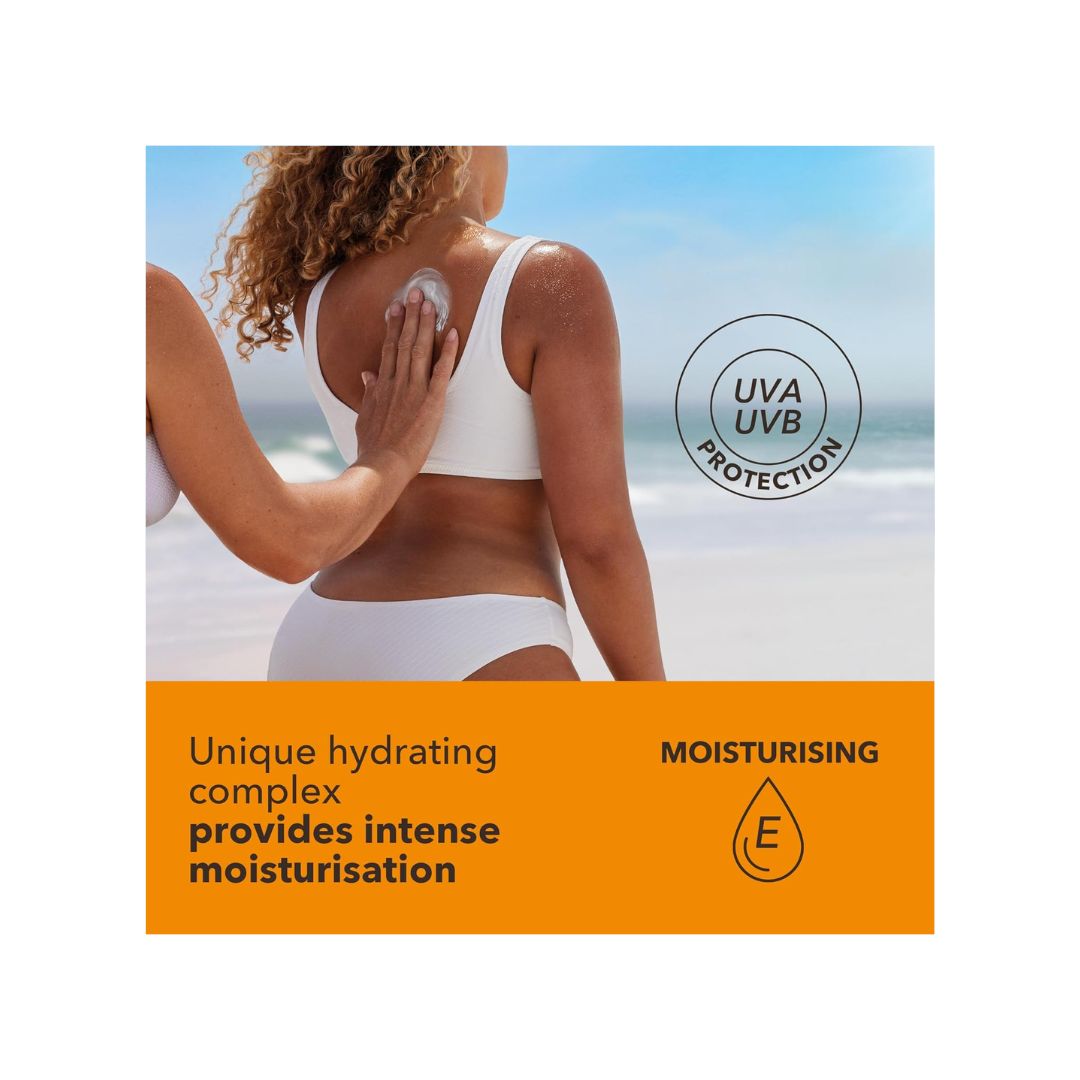 A promotional graphic for a moisturizing sunscreen product. The top portion shows a woman from behind on a beach, applying a white sunscreen cream to her back, with a circular 'UVA UVB PROTECTION' seal.