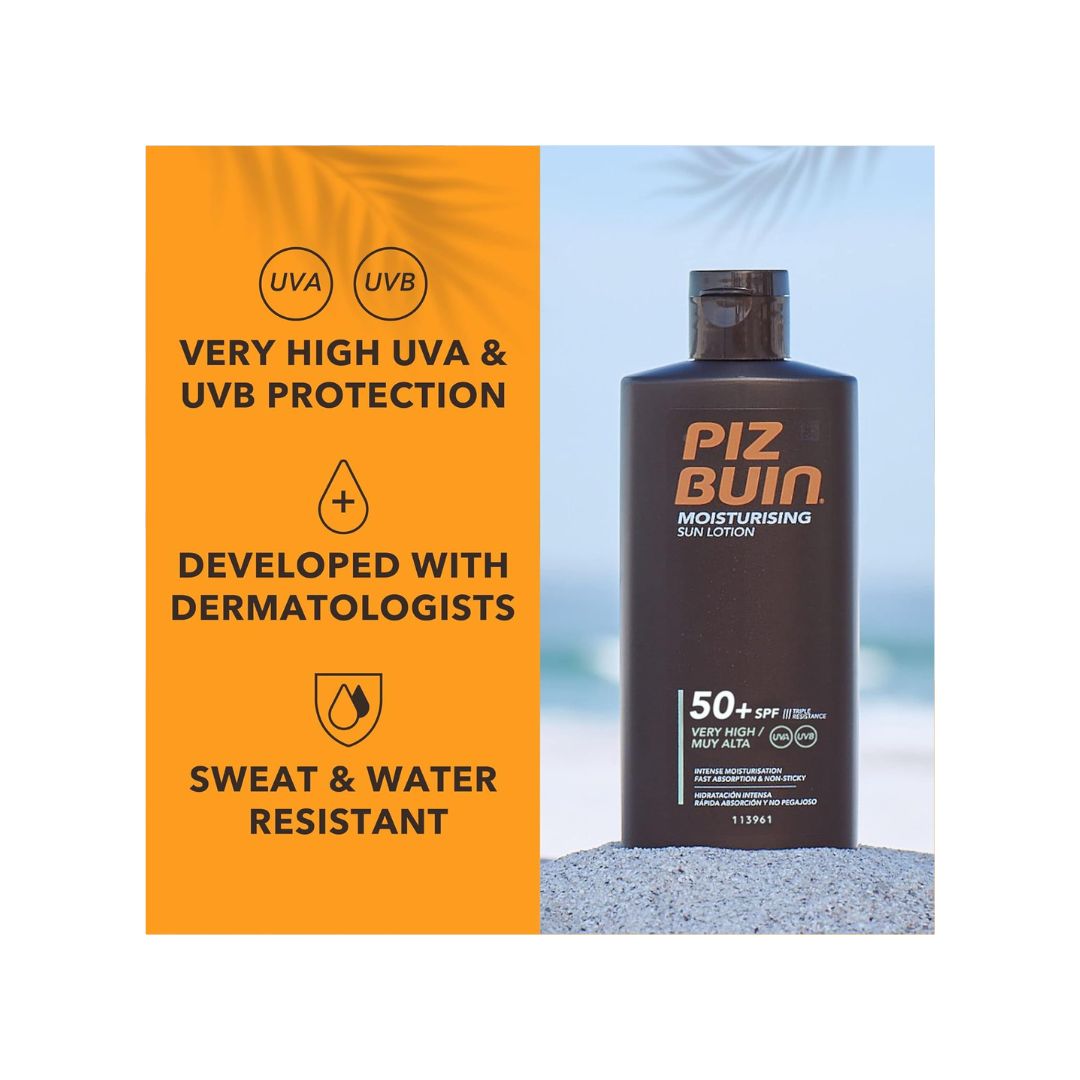 Piz Buin Moisturising Sun Lotion SPF 50+ bottle shown next to a promotional graphic with orange text highlighting UVA/UVB protection, dermatologist development, and sweat and water resistance.
