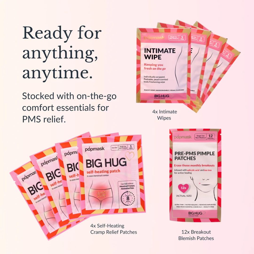 A promotional collage on a pale pink background showing several pink and white pdpmask comfort relief products with text callouts: 'Ready for anything, anytime.' and 'Stocked with on-the-go comfort essentials for PMS relief.