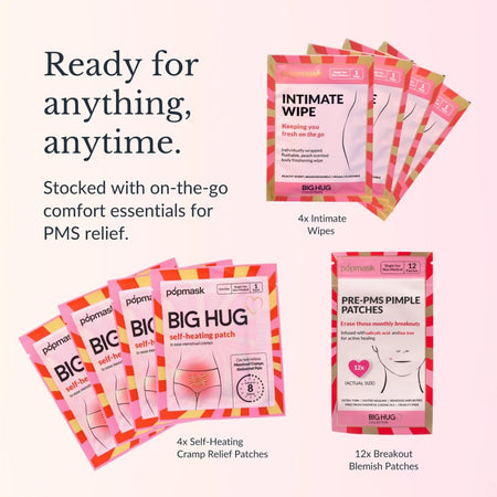 A promotional collage on a pale pink background showing several pink and white pdpmask comfort relief products with text callouts: 'Ready for anything, anytime.' and 'Stocked with on-the-go comfort essentials for PMS relief.