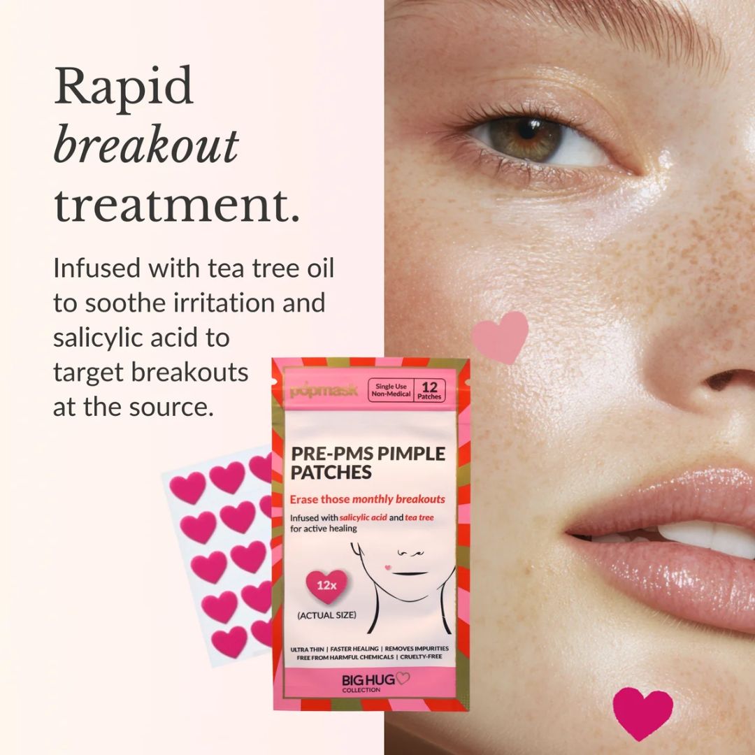 A beauty ad showing a close-up of a woman's face on the right and product information on the left. The product is a pack of BIG HUG PRE-PMS PIMPLE PATCHES, with text describing rapid breakout treatment and tea tree oil infusion.