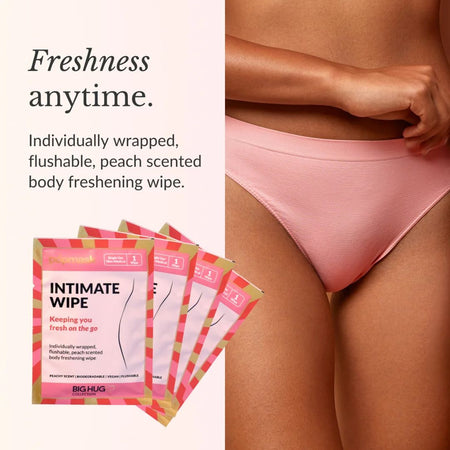 Promotional image for Big HUG Intimate Wipe body freshening wipes. The left side features text describing the individually wrapped, peach-scented wipes and shows three packs of the pink and white packaging.