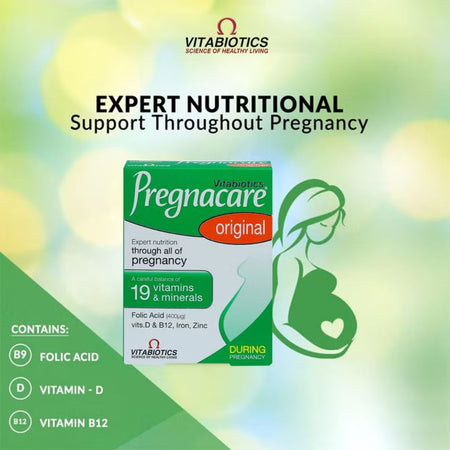 Vitabiotics Pregnacare original packaging with a green and white design on a blurred background.