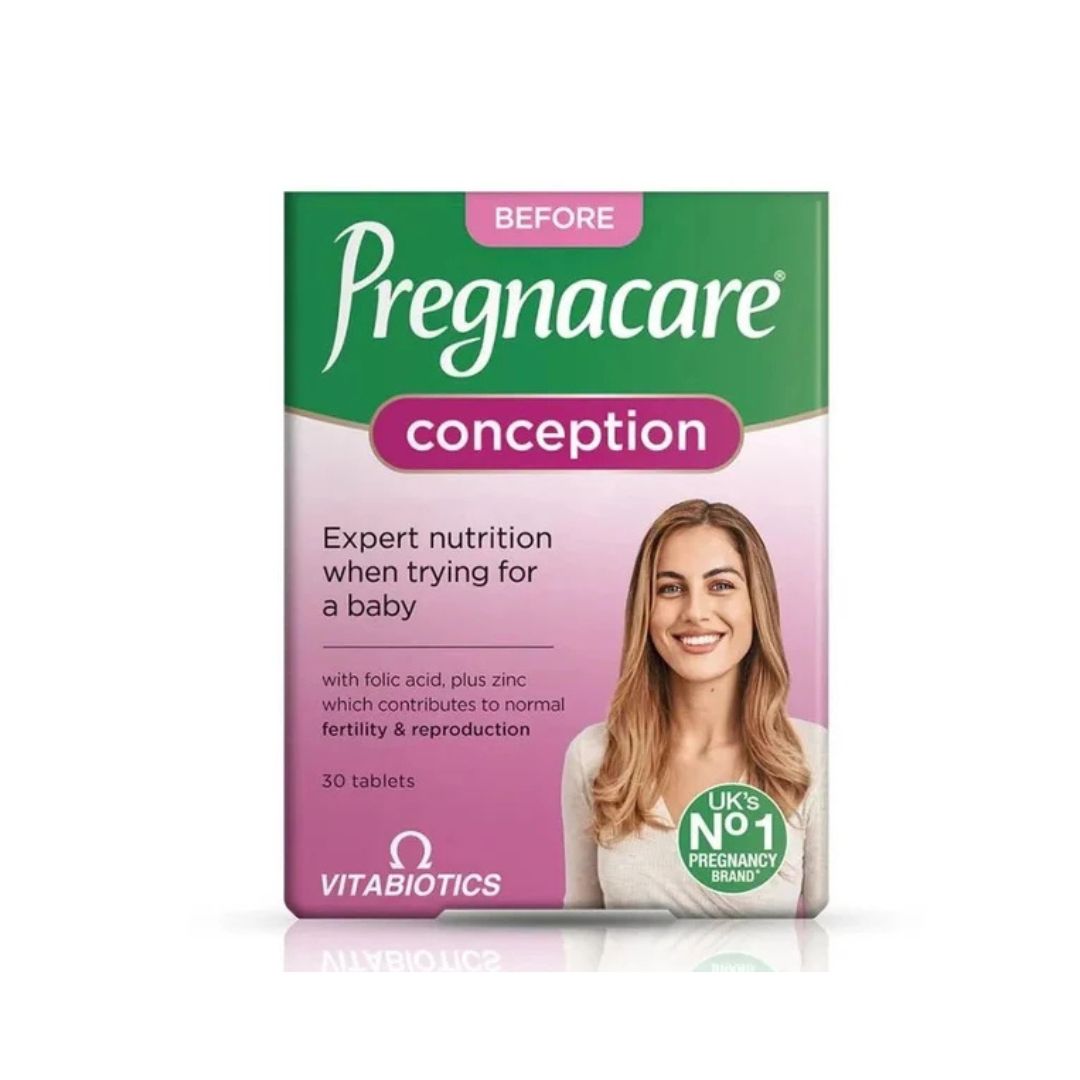Vitabiotics Pregnacare Conception 'Before' tablets packaging box, featuring a green and pink design with a smiling pregnant woman illustration.