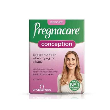 Vitabiotics Pregnacare Conception 'Before' tablets packaging box, featuring a green and pink design with a smiling pregnant woman illustration.