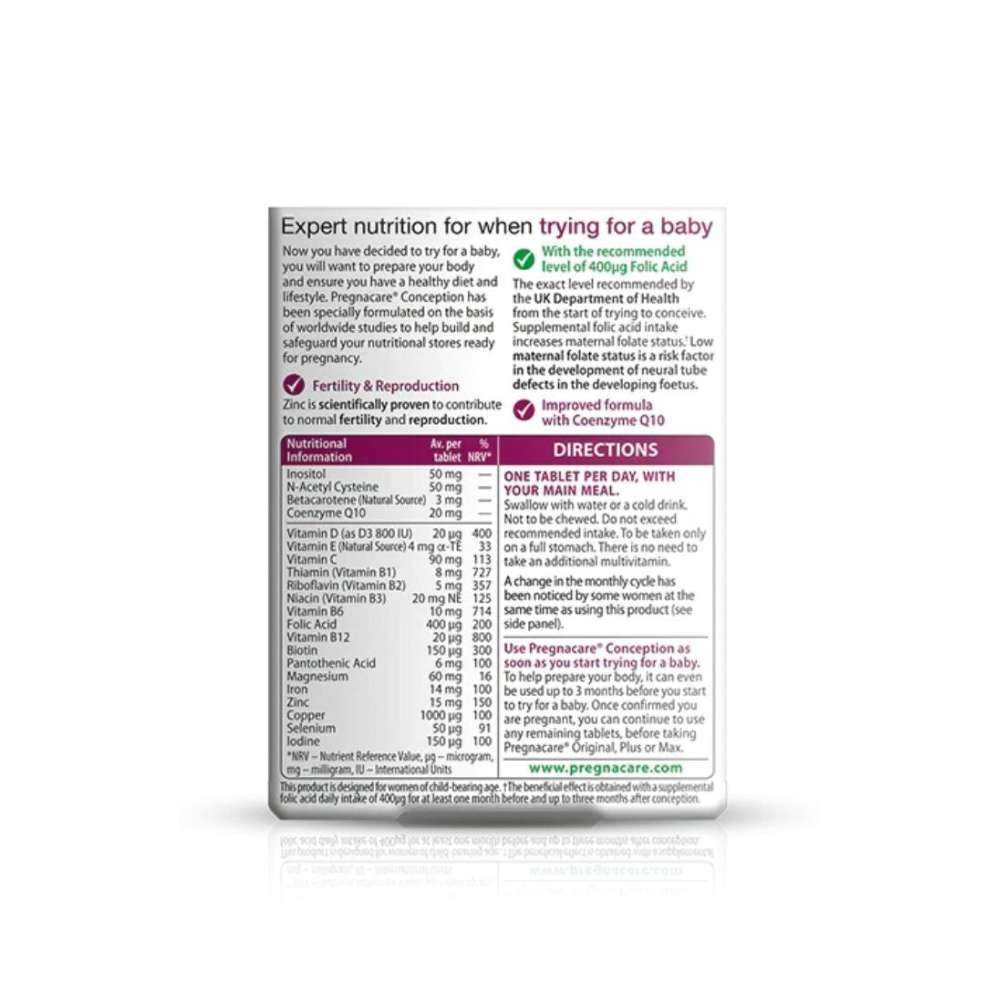 The back of a PregnaCare Expert Nutrition leaflet for women trying to conceive, displaying text, directions, and a detailed nutritional table on a white background with a faint reflection.