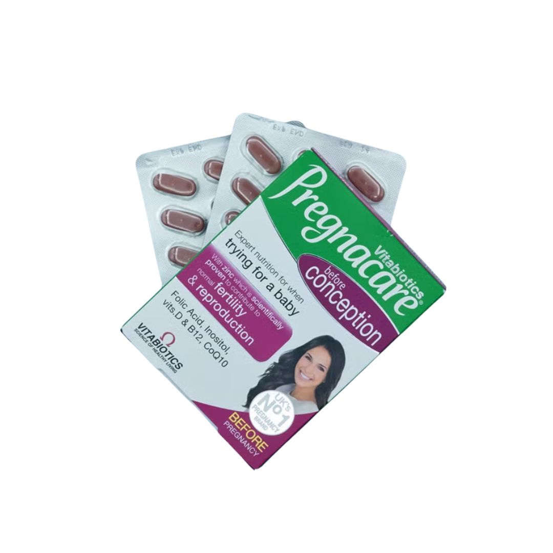 Three blister packs of Pregnacare 120 mg tablets arranged in a fan shape on a plain white background. The front pack shows the green, purple, and white product box with a photo of a smiling woman, while the two packs behind show the brown oval tablets in silver foil.