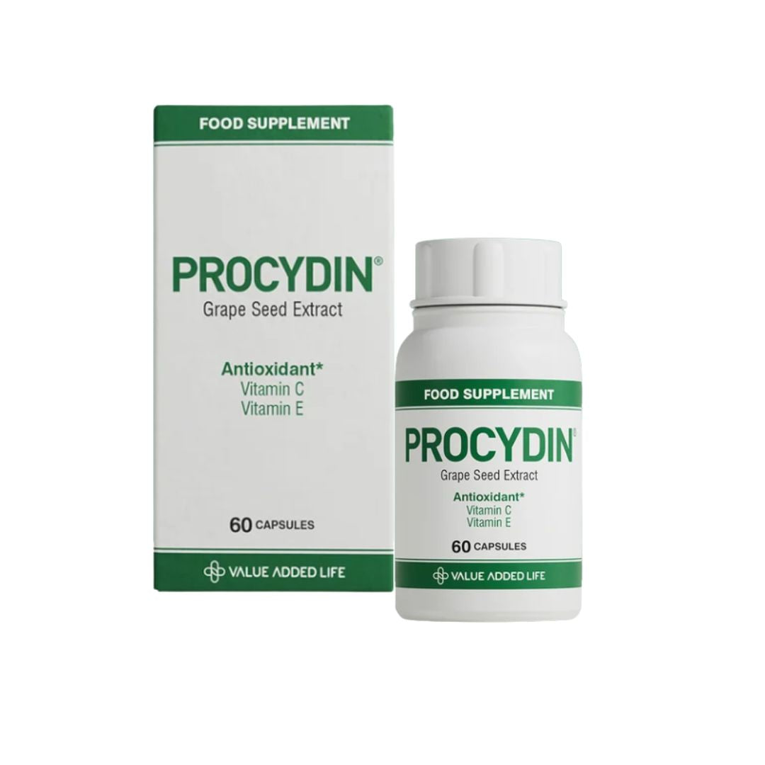 Procydin Grape Seed Extract Antioxidant 60 Capsules container and box side by side on a white background
