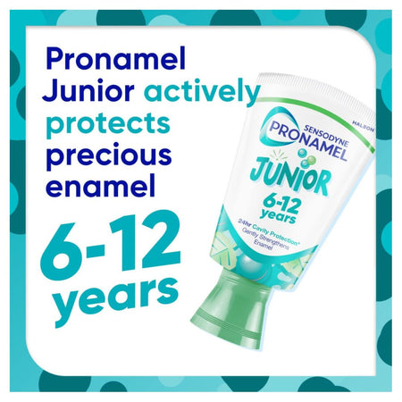 Pronamel Junior toothpaste packaging with text about protecting enamel for 6-12 year olds on a blue background.