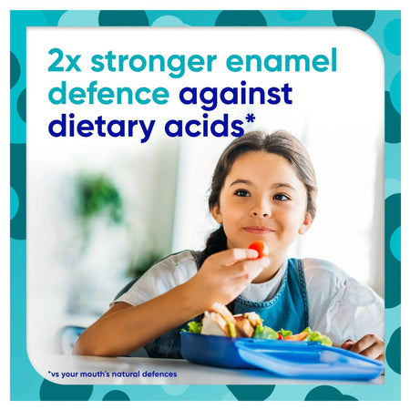 Child eating a healthy meal with promotional text about enamel defense against dietary acids.