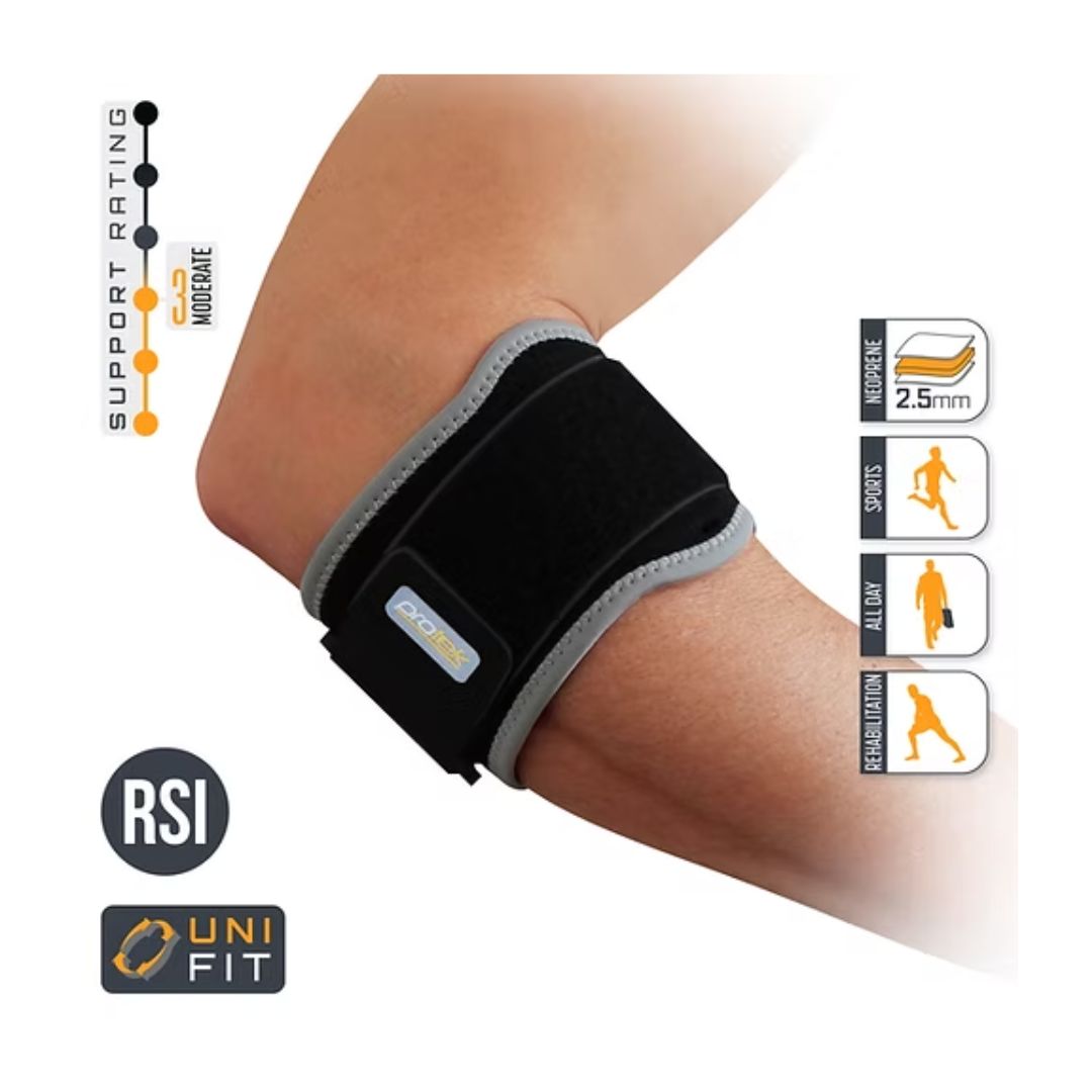 Protek Neoprene Tennis Elbow Support – One Size product details on a white background with a photo of the product on a man's elbow