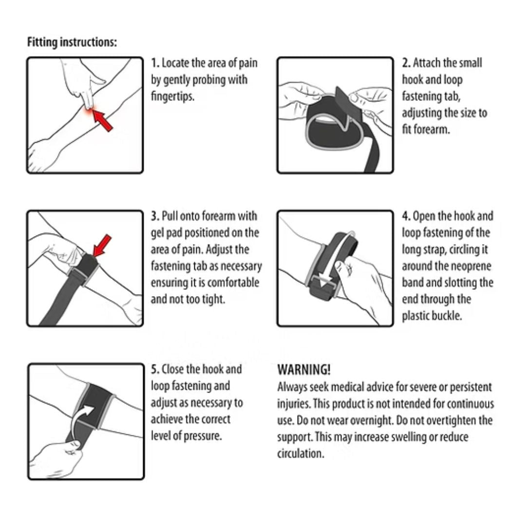 Protek Neoprene Tennis Elbow Support – One Size 'Fitting Instructions' stepwise graphic on a white background