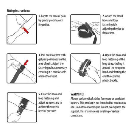 Protek Neoprene Tennis Elbow Support – One Size 'Fitting Instructions' stepwise graphic on a white background