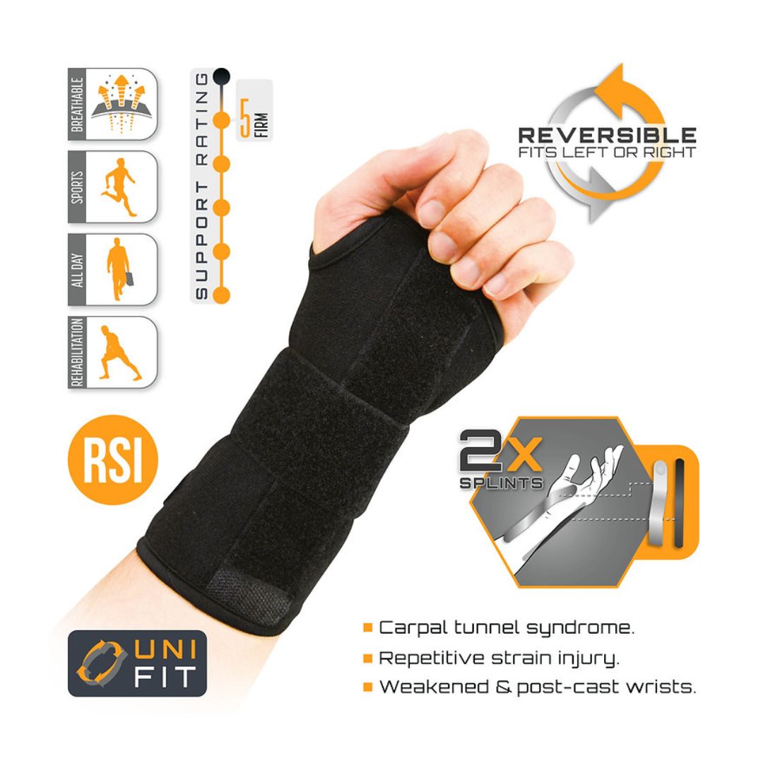 Protek Breathable Reversible Wrist Splint – One Size product information graphic on a white background