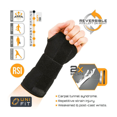 Protek Breathable Reversible Wrist Splint – One Size product information graphic on a white background