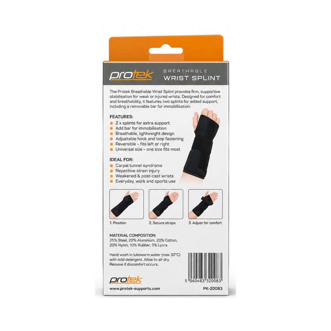 Protek Breathable Reversible Wrist Splint – One Size packaging (rear angle) on a white background
