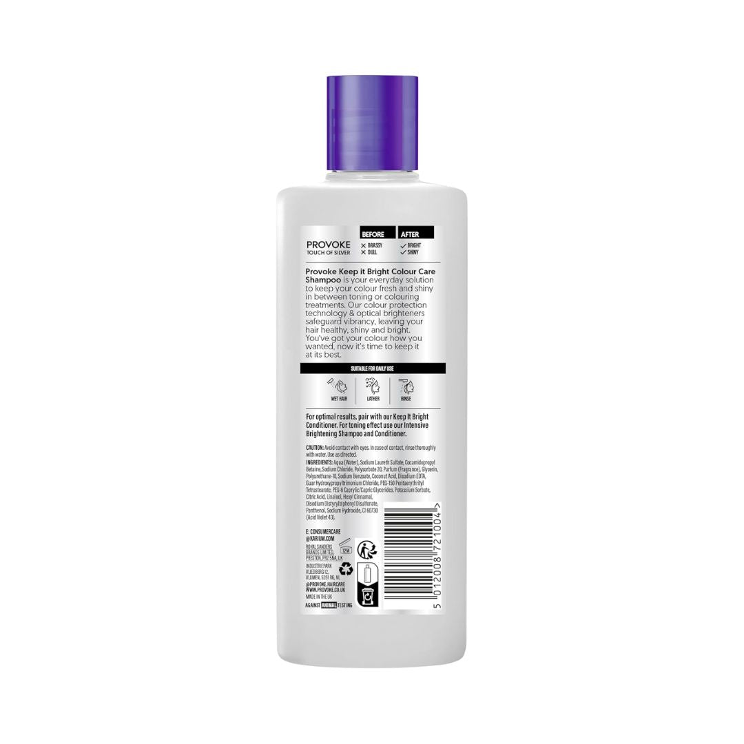 A bottle of Provos Provide Keep & Bright Care Developer shown from the back, featuring a white bottle body, purple cap, and detailed black and white label text.