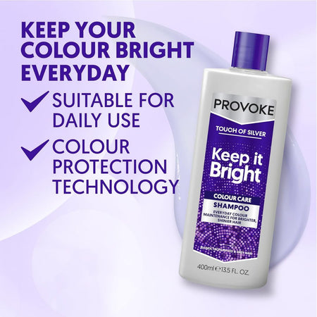 A bottle of Provoke Touch of Silver Keep it Bright Colour Care Shampoo on a light purple background with promotional text on the left.