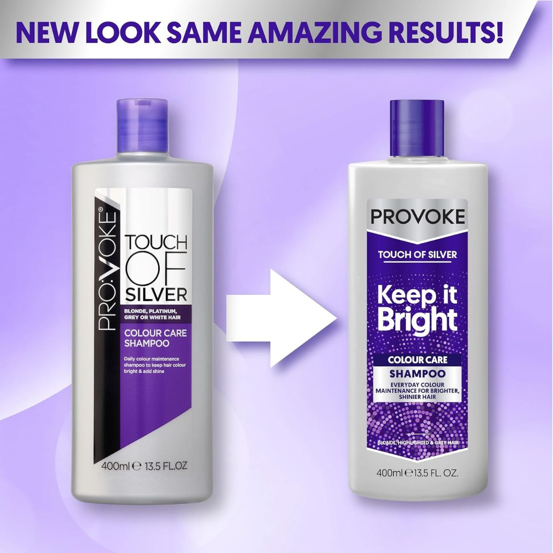 Two Provoke Colour Care shampoo bottles shown on a lavender gradient background with a white arrow between them. The left bottle is labeled 'Touch of Silver' and the right bottle is labeled 'Keep it Bright' in 'Touch of Silver' line.