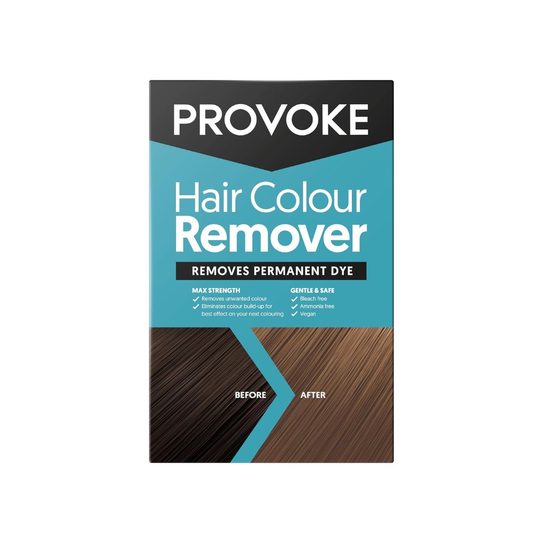 A rectangular product box for Provoke Hair Colour Remover, shown on a plain white background. The packaging features a black top section with white text, a large teal-blue middle section with white and black text, and a brown hair 'before and after' comparison graphic at the bottom.