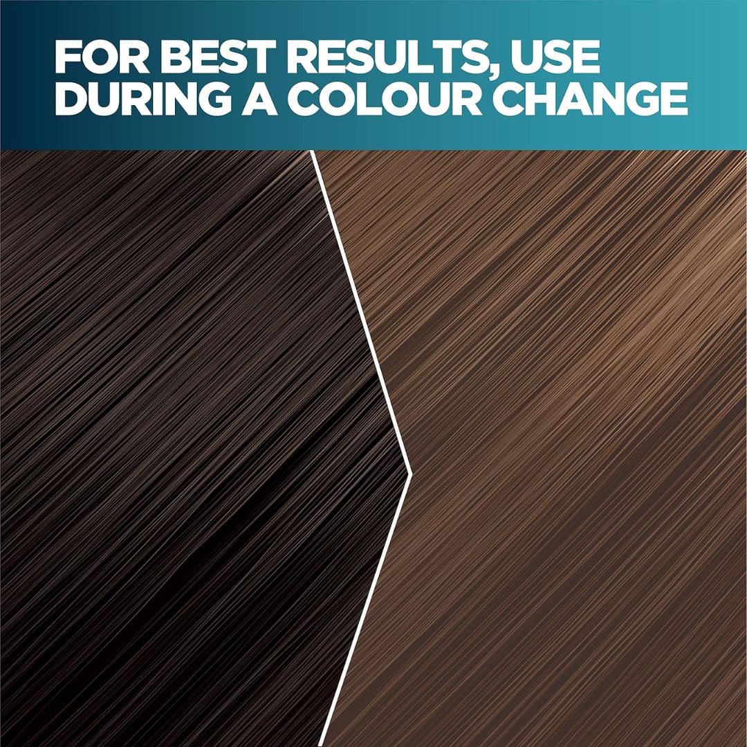 A promotional graphic with the text 'FOR BEST RESULTS, USE DURING A COLOUR CHANGE' above a split hair-color demonstration showing dark brown on the left and medium warm brown on the right, with a white dividing line.