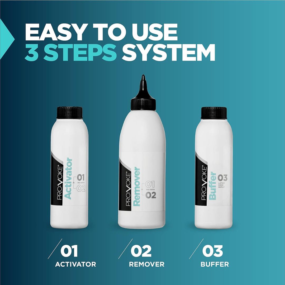 Three bottles labeled 'Activator', 'Remover', and 'Buffer' with a blue background and text about a 3-step system.