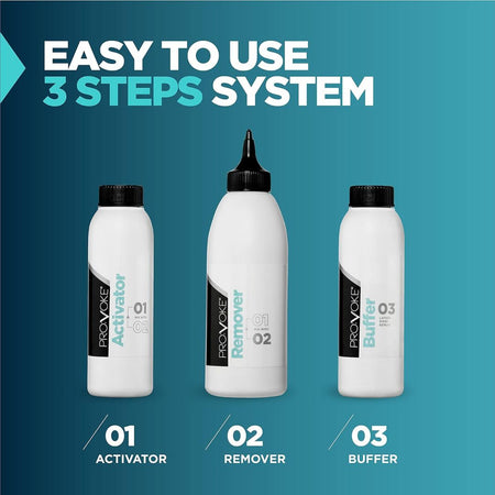 Three bottles labeled 'Activator', 'Remover', and 'Buffer' with a blue background and text about a 3-step system.