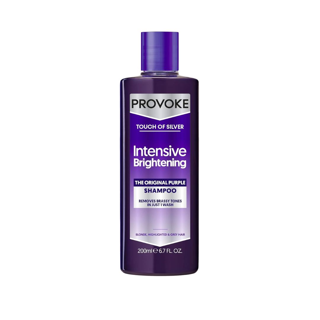 A bottle of Provoke Touch of Silver Intensive Brightening Shampoo in 'The Original Purple' shade, 200ml, on a plain white background.