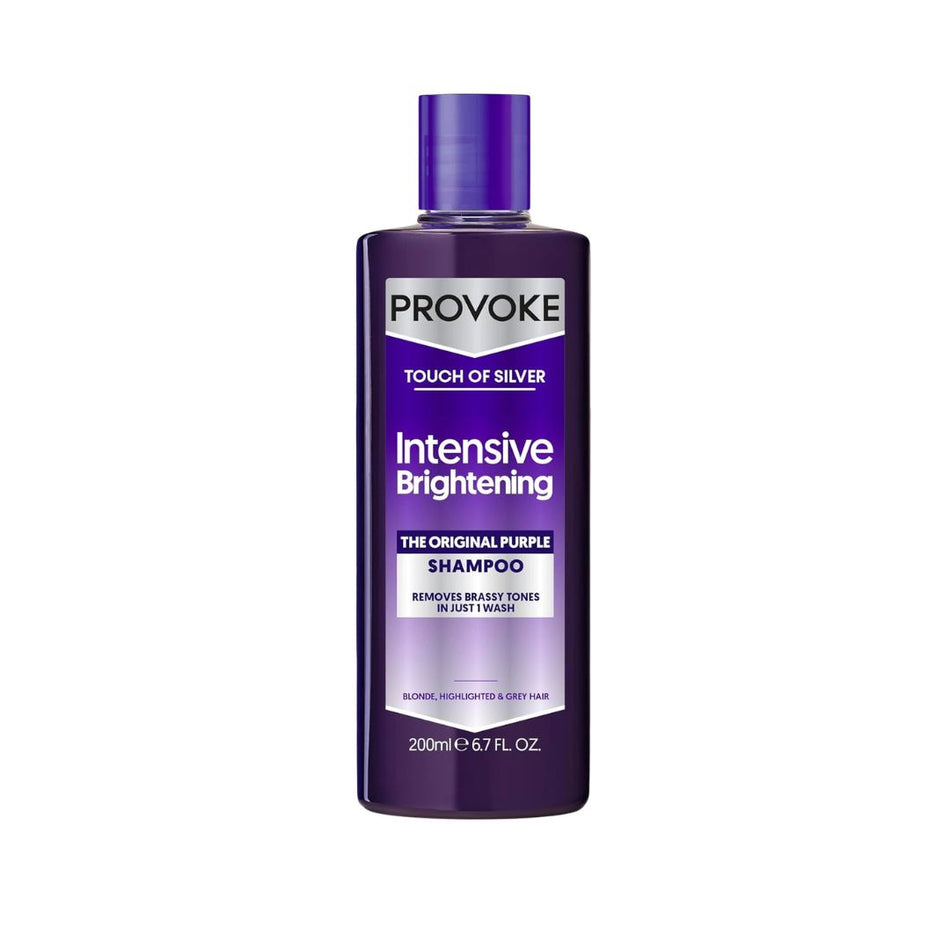 A bottle of Provoke Touch of Silver Intensive Brightening Shampoo in 'The Original Purple' shade, 200ml, on a plain white background.