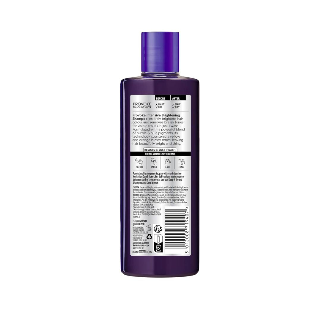A bottle of Provoke Purple Intensive Brightening Hair Color shown from the back, featuring a dark purple bottle and cap with a white label containing text and barcodes.