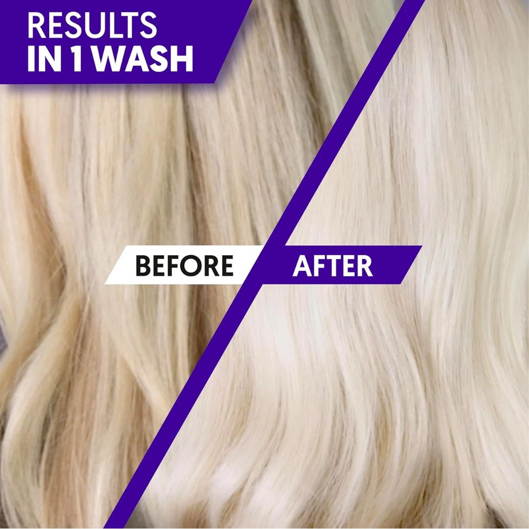 Before and after comparison of blonde hair, showing a lighter, cleaner blonde result after one wash. The image features purple and white graphic overlays with the text 'RESULTS IN 1 WASH', 'BEFORE', and 'AFTER'.