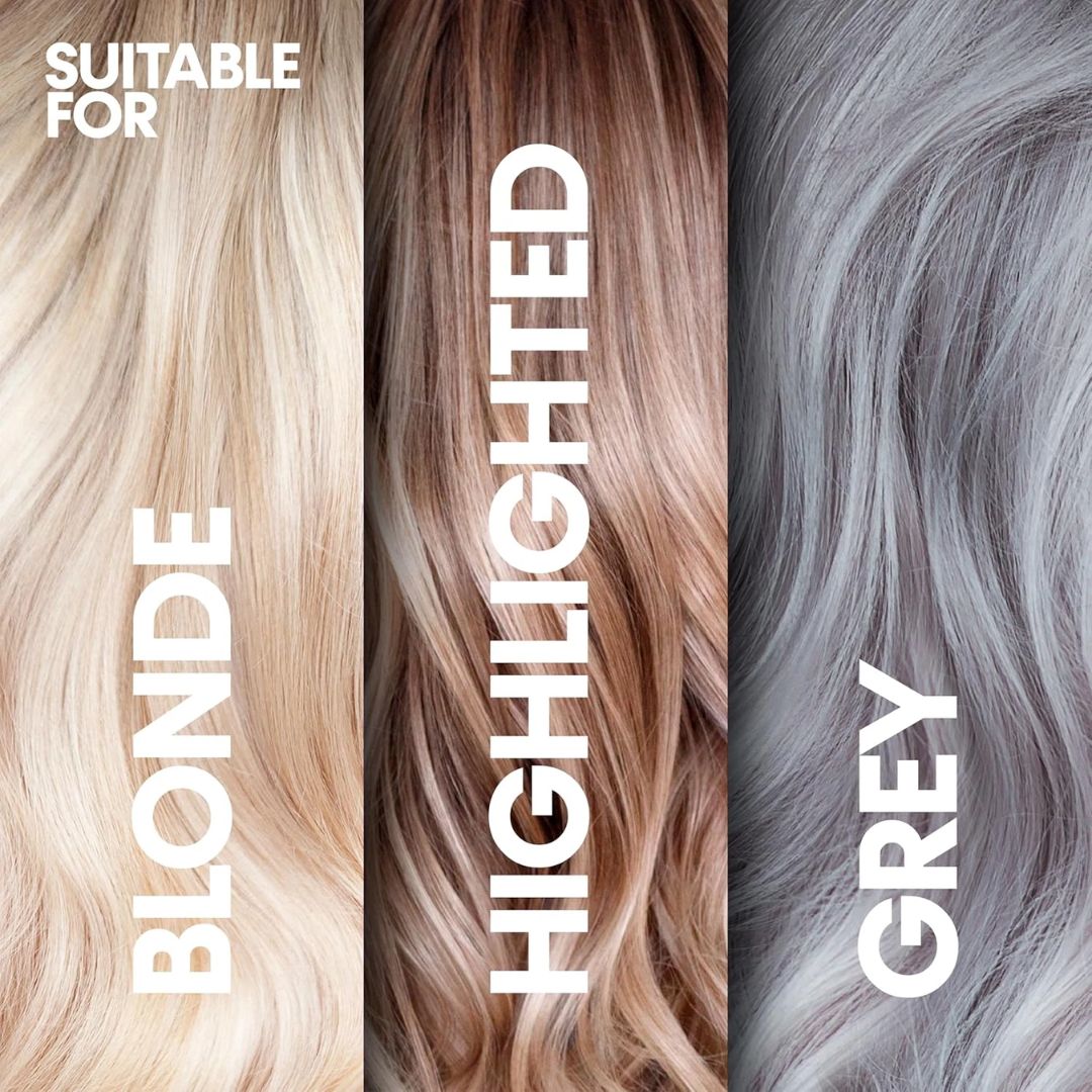 Three vertical hair color swatches labeled BLONDE, HIGHLIGHTED, and GREY with large white text reading HIGHLIGHTED and SUITABLE FOR.