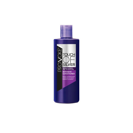 A bottle of Provoke Touch of Silver Intense Conditioner, featuring a deep purple bottle with a matching purple cap and a label that has silver, white, and black sections.
