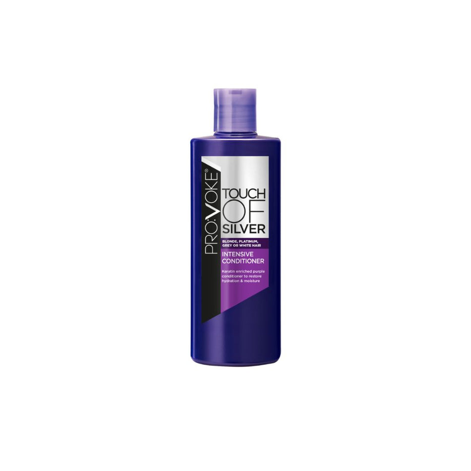 A bottle of Provoke Touch of Silver Intense Conditioner, featuring a deep purple bottle with a matching purple cap and a label that has silver, white, and black sections.