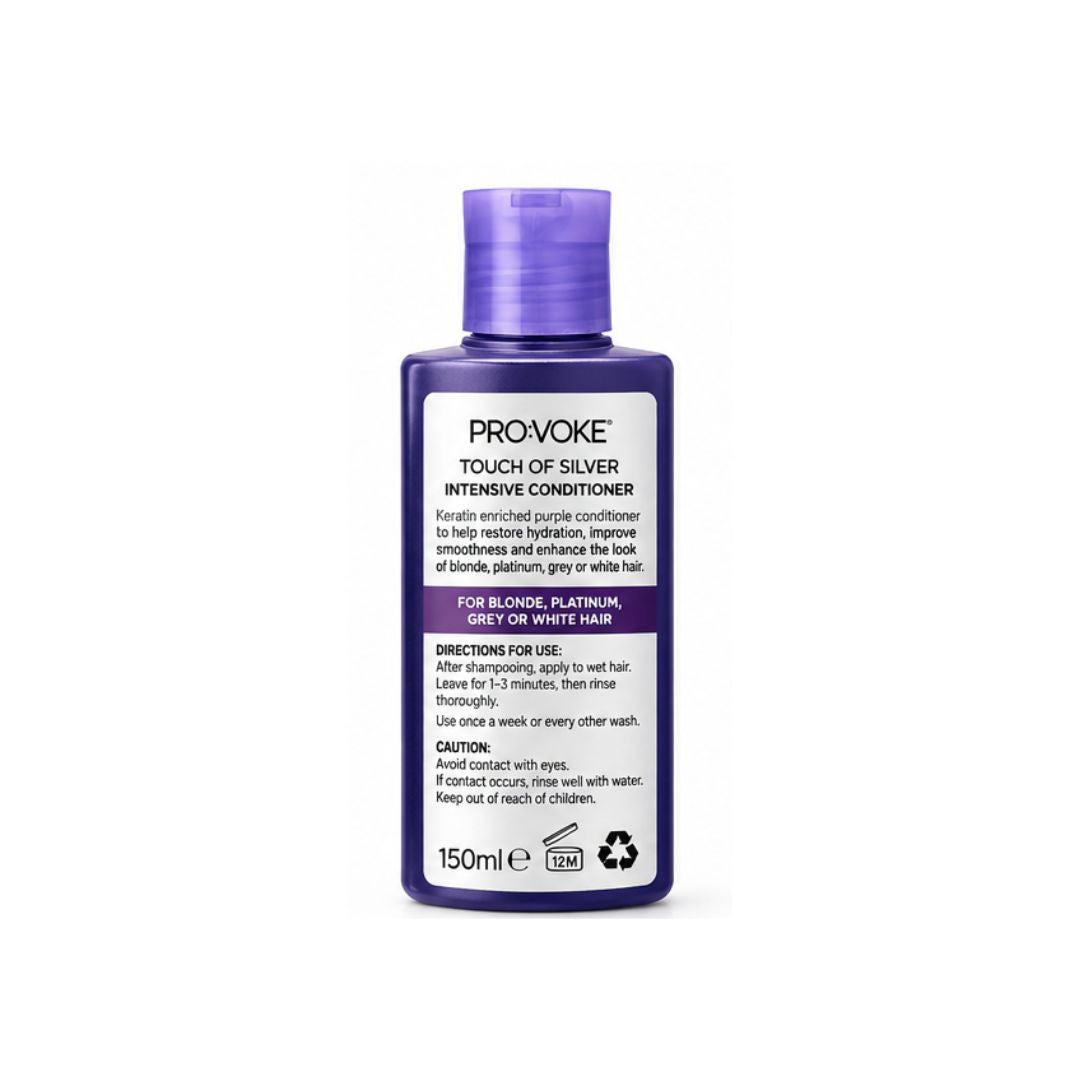 A 150ml bottle of Provoke Touch of Silver Intensive Conditioner for grey or white hair, featuring a dark purple bottle and cap with a white label.