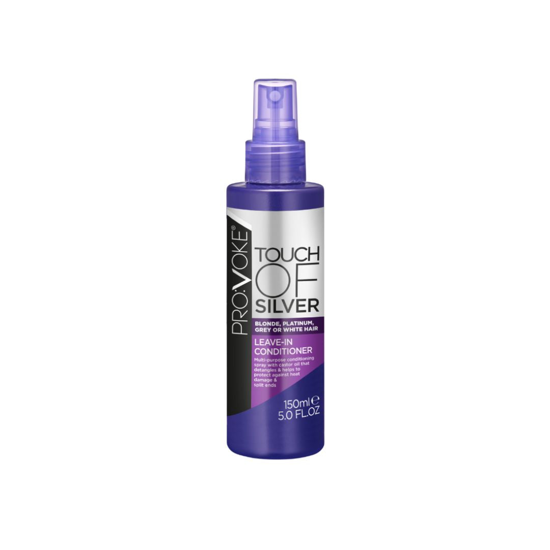 A bottle of Provoke Touch of Silver Leave-In Conditioner with a purple and silver label, shown on a plain white background.