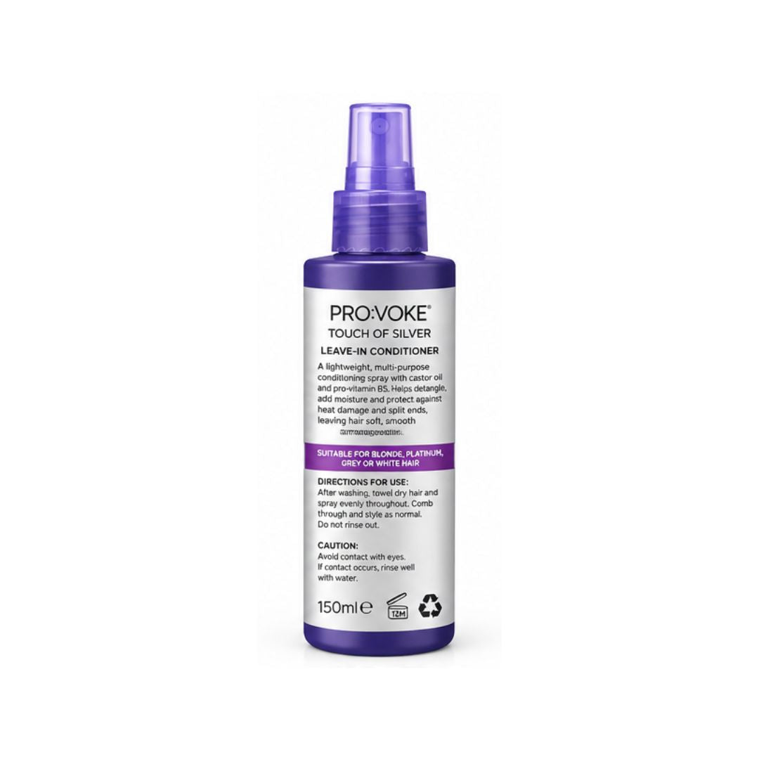 Provoke Touch of Silver Leave-In Conditioner in a 150ml spray bottle with a purple cap and white label, shown on a plain white background.