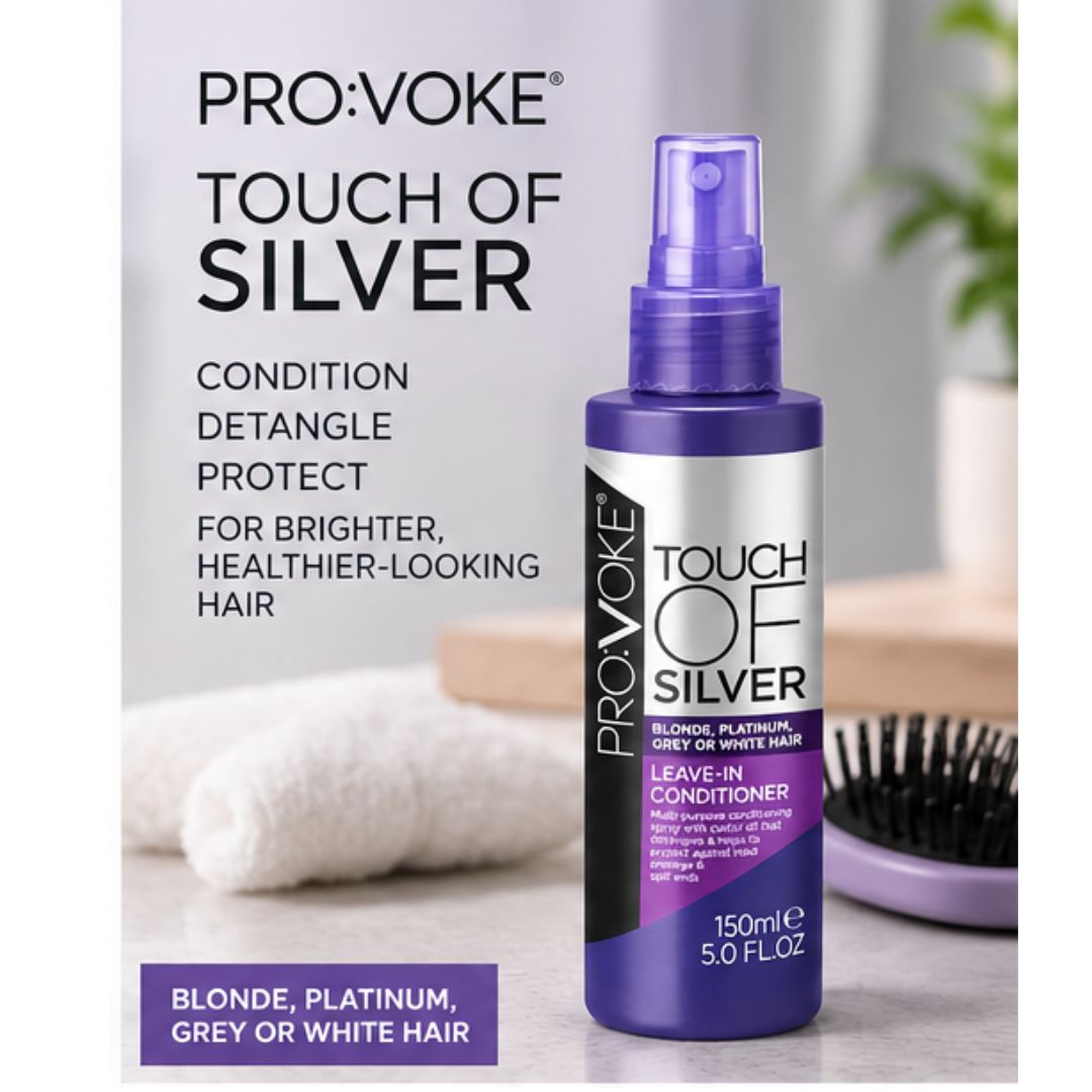 Pro:Voke Touch of Silver Leave-In Conditioner bottle on a light gray background with promotional text, a hairbrush, and a towel.