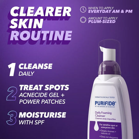 Purifide Daily Foaming Cleanser with usage instructions on a purple background
