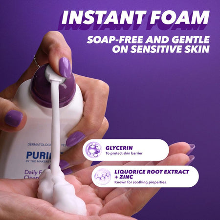 Hand using a bottle of PURI by The Makeup Chef Instant Foam with a purple background and product details.
