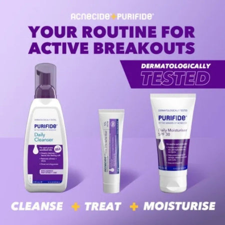 Acnecid Purifide skincare products on a purple background with text about active breakouts.