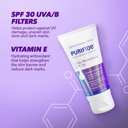 Purifide Daily Moisturizer SPF 30 with SPF 30 UVA/B filters and Vitamin E on a purple background