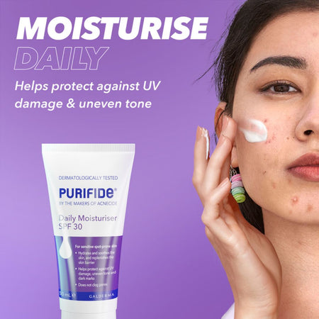 Purifide Daily Moisturizer SPF 30 with a woman applying it to her face on a purple background.