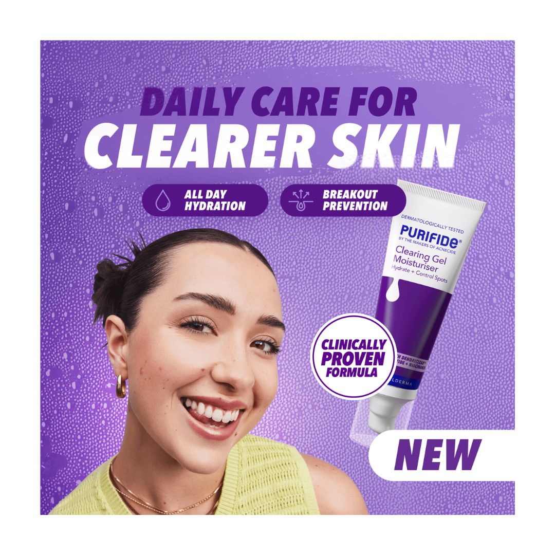 Purifide Clearing Gel Moisturiser 50ml 'DAILY CARE FOR CLEARER SKIN' graphic on a purple background