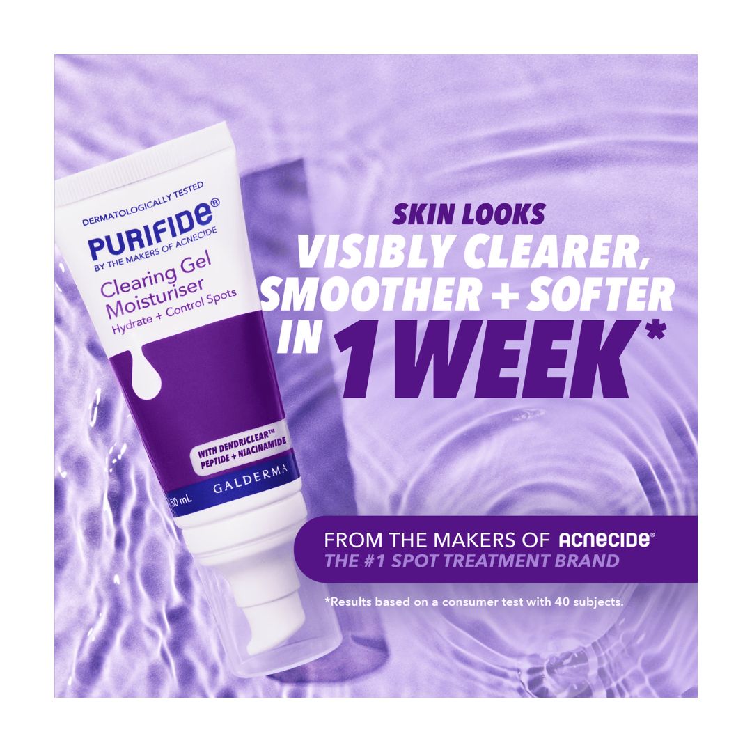Purifide Clearing Gel Moisturiser informative graphic on a blue water background