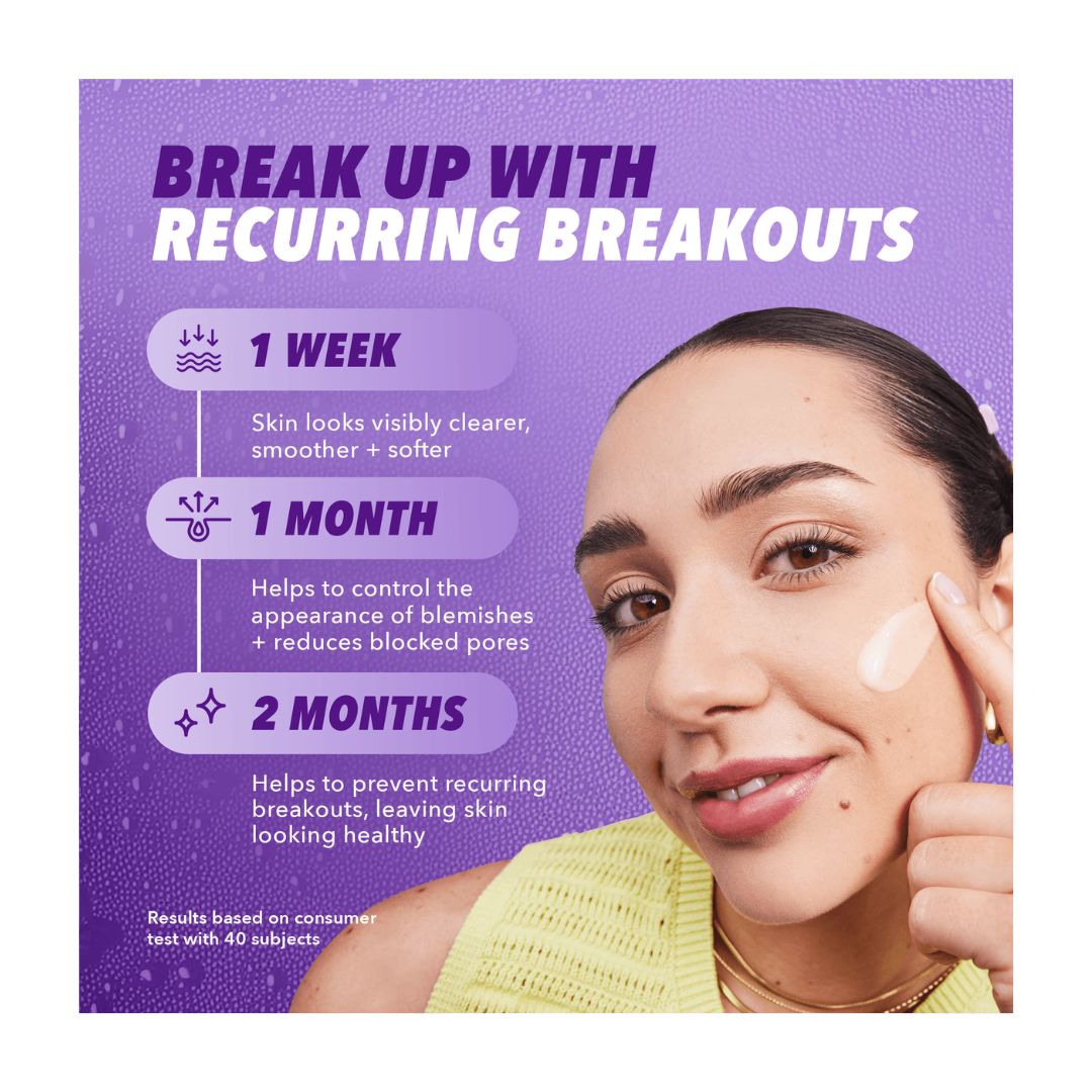 Purifide Clearing Gel Moisturiser 'BREAK UP WITH RECURRING BREAKOUTS' graphic on a purple background