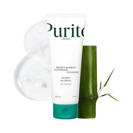 Purito Seoul Mighty Bamboo Panthenol Cleanser in a white squeeze tube with a teal cap, shown with a green bamboo stalk and leaves on a white background.