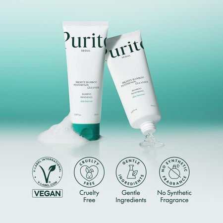 Two tubes of Purite skincare product with labels on a light blue background