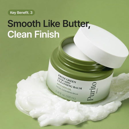 Purito avocado cleansing balm jar with cream on a green background